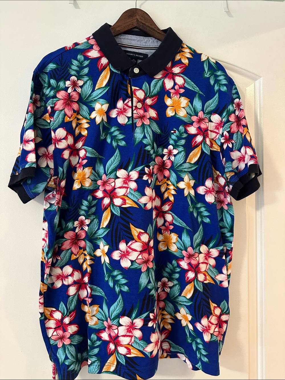 Men's Floral Tommy Hilfiger Polo Shirt Blue Tropical Hawaiian Print XL Slim Fit
